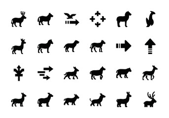 A diverse set of solid glyph icons featuring wildlife and farm animals like deer and horses, along with navigation arrow symbols