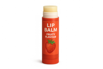 Lip balm with strawberry flavour for beauty and skincare, providing moisture and protection to lips, transparent background