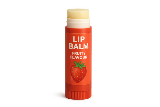 Lip balm with strawberry flavour for beauty and skincare, providing moisture and protection to lips, transparent background