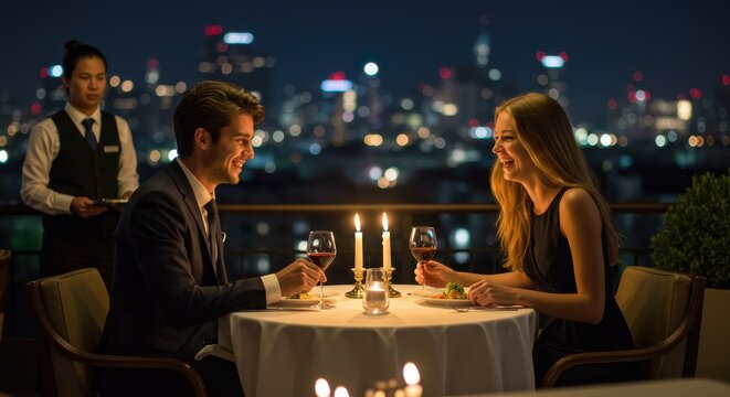 Elegant couple enjoys a romantic evening dinner on a rooftop overlooking illuminated city lights