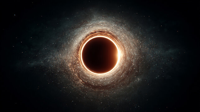 Massive black hole radiates bright hyperrealistic glow with swirling light and cosmic energy symbolizing mystery, power, and the vastness of the universe in vivid detail