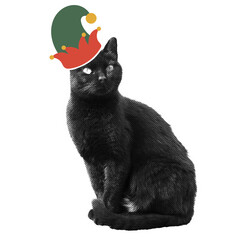 Cut out shorthair black cat wearing Christmas elf hat, isolated clip art character. Halftone  pop art clipping. Cute cozy festive Christmas and New Year decoration for celebrative winter collage