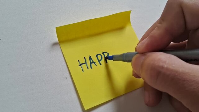 Writing a message of HAPPINESS on a yellow post-it note