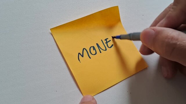 Writing a message of MONEY on a orange post-it note