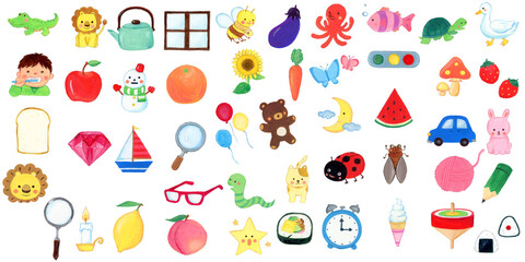 水彩手描きのかわいいあいうえお表用イラストセット / Cute Watercolor Hand-drawn Hiragana Chart Illustrations Set