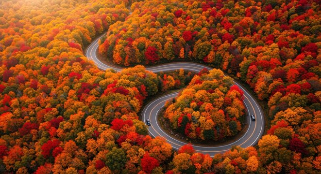 Winding roadway cuts through dense forest displaying vibrant autumn foliage from above