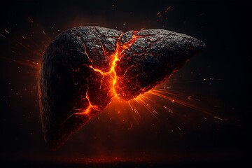 Abstract representation of a damaged or diseased liver with glowing orange energy