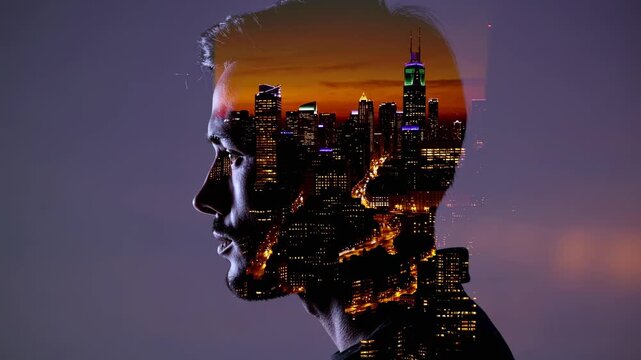 Double exposure video concept of a man's side profile with a cityscape at dusk. Captured from a side angle, blending urban and human elements. Live desktop wallpaper.