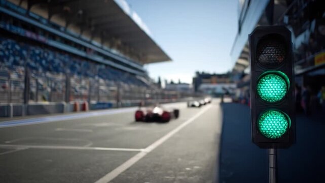 Race track traffic light shows green as blurred cars speed by
