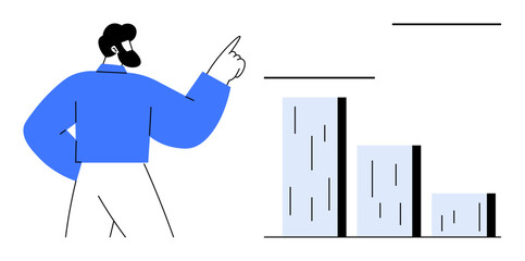 Man pointing at rising bar chart emphasizing progress, data analytics, growth strategy, planning, and success. Ideal for business, progress, analysis, leadership teamwork education simple flat