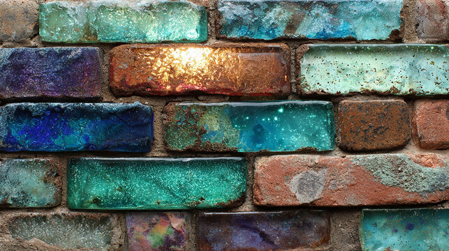 A modern architectural wall blending rustic brick with sleek glass panels, creating a striking contrast of texture, transparency, and contemporary design.