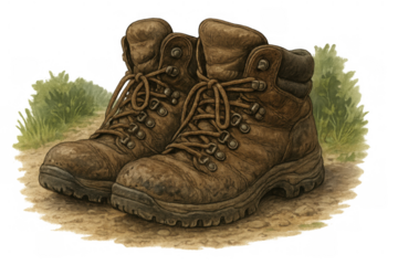 Brown leather hiking boots resting on a dirt path with green grass, embodying outdoor adventure and travel, transparent background