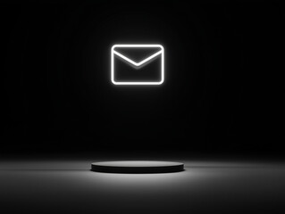 minimalist composition featuring glowing envelope icon on pure black background, symbolizing communication and connection. scene evokes sense of modernity and simplicity