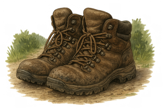 Brown leather hiking boots resting on a dirt path with green grass, embodying outdoor adventure and travel, transparent background