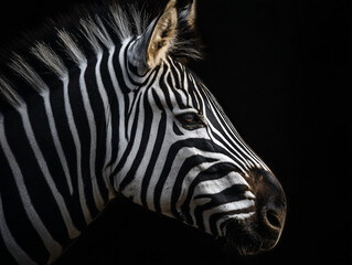 Obraz premium Zebra profile with striking black and white stripes against dark background, showcasing its unique features and captivating gaze