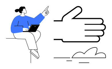 Woman sitting with a laptop points upward next to a large abstract hand and minimal cloud element. Ideal for connection, communication, collaboration, support, technology, teamwork, simple flat