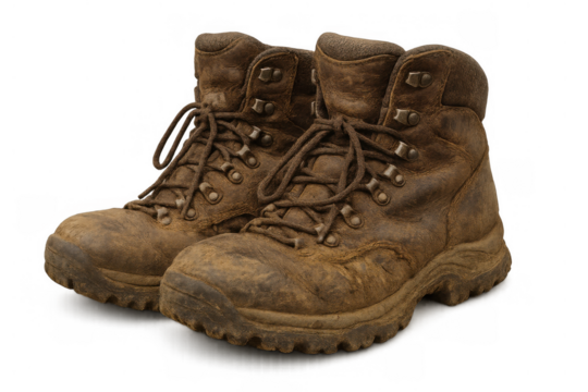 Pair of muddy hiking boots showing wear and tear from outdoor adventures on a transparent background