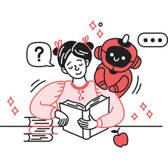 Young Girl Reading Book With Red Robot Assistant Featuring Question Mark and Sparkles In A Pink and Black Color Scheme