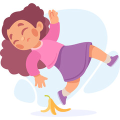 Young Girl Slipping on a Banana Peel in a Playful Pose Pink Shirt Purple Skirt Isolated on White Background