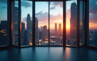 Business, blurred and empty office window with skyline, city and workplace with opportunity. Cityscape, interior and lobby in urban building with sunset, lights and night sky in professional space
