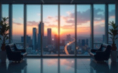Business, blurred and empty office window with skyline, city and workplace with opportunity. Cityscape, interior and lobby in urban building with sunset, lights and night sky in professional space