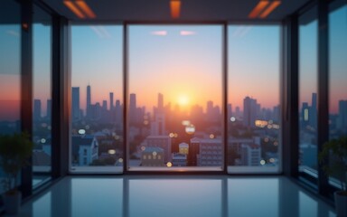 Business, blurred and empty office window with skyline, city and workplace with opportunity. Cityscape, interior and lobby in urban building with sunset, lights and night sky in professional space