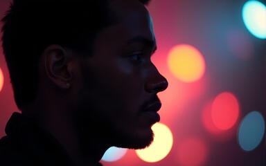 profile of person with colorful blurred lights background. High quality