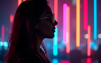 profile of person with colorful blurred lights background. High quality