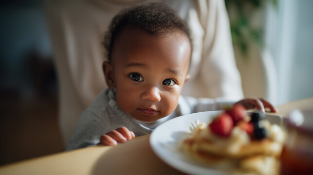 Adorable mixed-race baby reaching curiously toward a plate of pancakes topped with berries and cream during a cozy family breakfast. The baby sits on a parent's lap at a bright mod