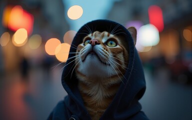 Cat Wearing Hoodie Looking Up with Blurred Street Lights Background. High quality