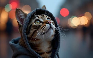 Cat Wearing Hoodie Looking Up with Blurred Street Lights Background. High quality