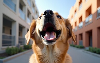 An excited dog looks up with a building in the background. High quality