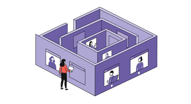 Woman navigating virtual maze of video calls and remote work.