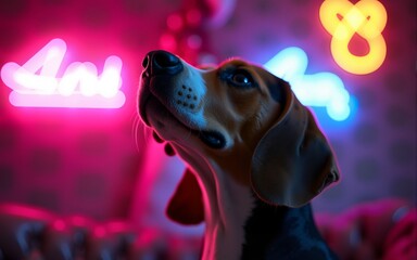 Beagle Dog Looking Up with Neon Lights in Background. High quality