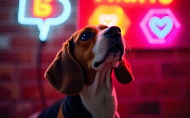Beagle Dog Looking Up with Neon Lights in Background. High quality