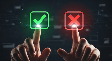 Hands choosing between virtual yes and no buttons