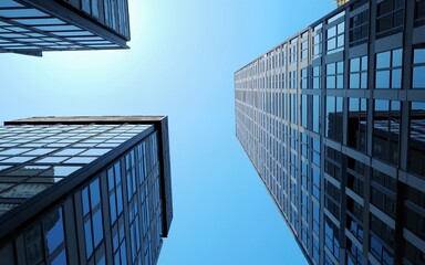 Looking Up modern high-rise office buildings with blue sky in the background. High quality