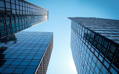 Looking Up modern high-rise office buildings with blue sky in the background. High quality