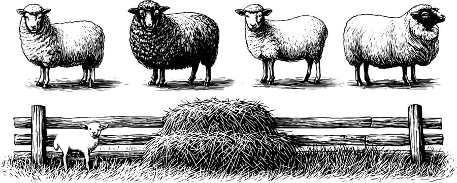 Vintage engraving style set of sheep with fence and hay pile for farm design