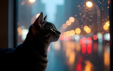A cat looks up at the city lights through a rain-streaked window. High quality
