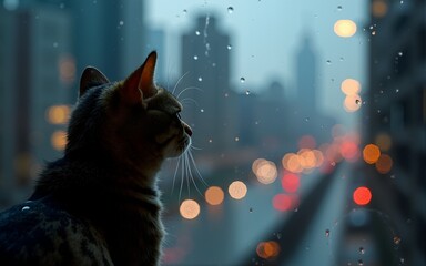 A cat looks up at the city lights through a rain-streaked window. High quality