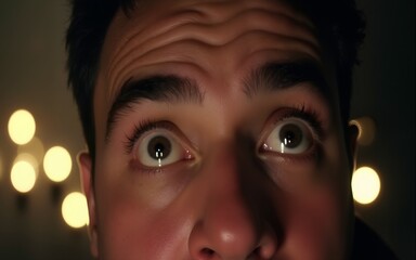 Close up of man's eye looking up with fear and surprise. Bokeh lights in background. High quality