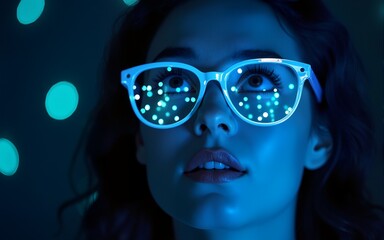 Woman looking up with blue lights reflection in glasses. High quality