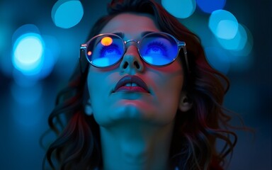 Woman looking up with blue lights reflection in glasses. High quality