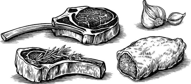Vintage engraving of tomahawk steak and dry aged ribeye set for culinary designs