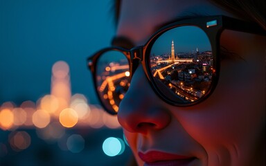 A person's sunglasses reflect the mesmerizing city lights at night, creating a surreal effect. High quality