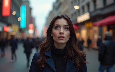 Surprised woman amidst city blur. High quality