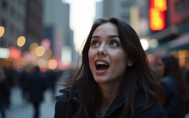 Surprised woman amidst city blur. High quality