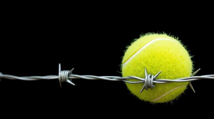 A vibrant yellow sports ball, with its distinct fuzzy texture, is ensnared by strands of sharp, metallic barbed wire, dramatically isolated against a deep, contrasting black background. This powerful 