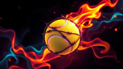 Obraz premium A vibrant yellow tennis ball is dramatically enveloped by strands of dark, sharp barbed wire, creating a powerful visual of tension and challenge. Against a deep black background, dynamic, flowing str